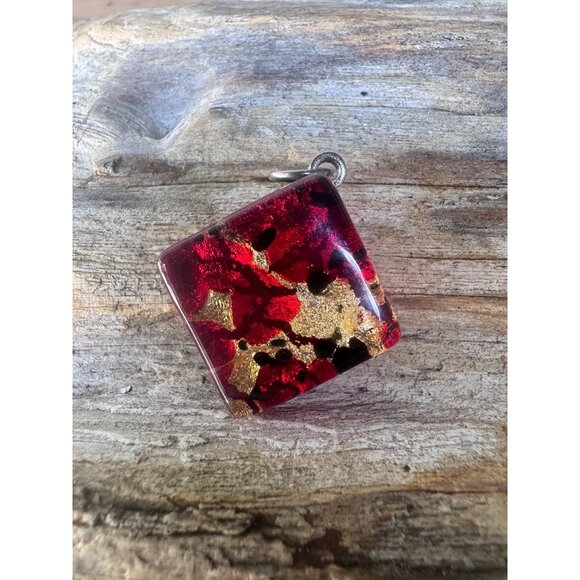 Murano Glass Square Pendant With Red & Gold Flake Design Made In Italy - Picture 1 of 11